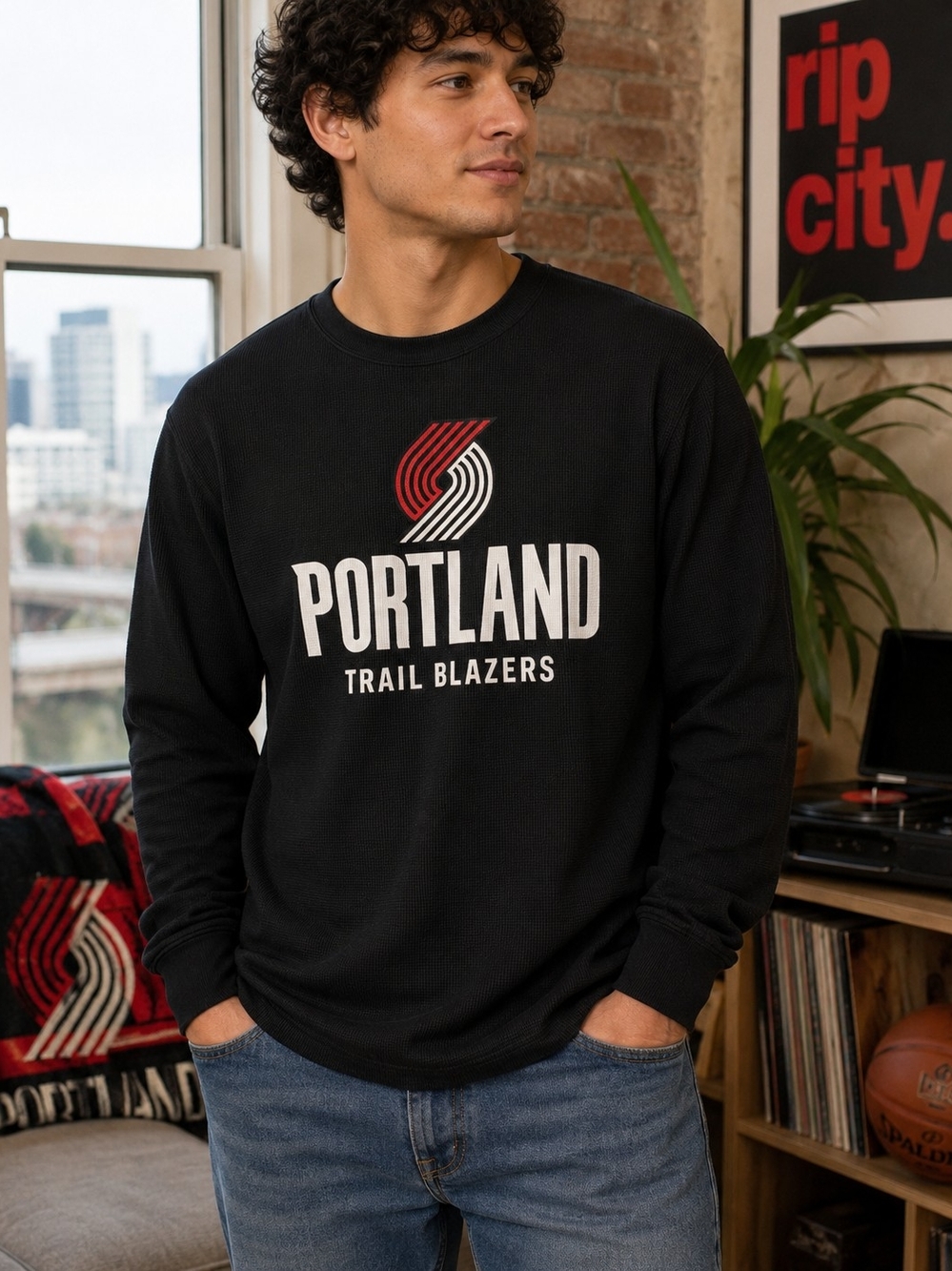 NBA Portland Trail Blazers Black Long-Sleeve Crewneck with Red & White Logo